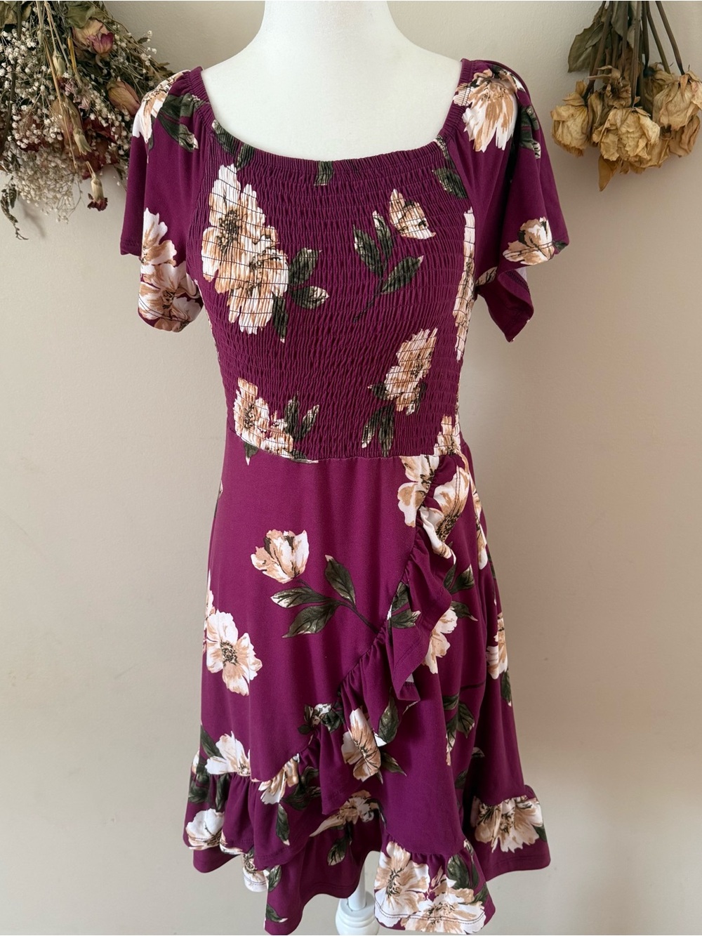 Cottagecore Rue 21 Floral Smocked Bodice Dress in Burgundy